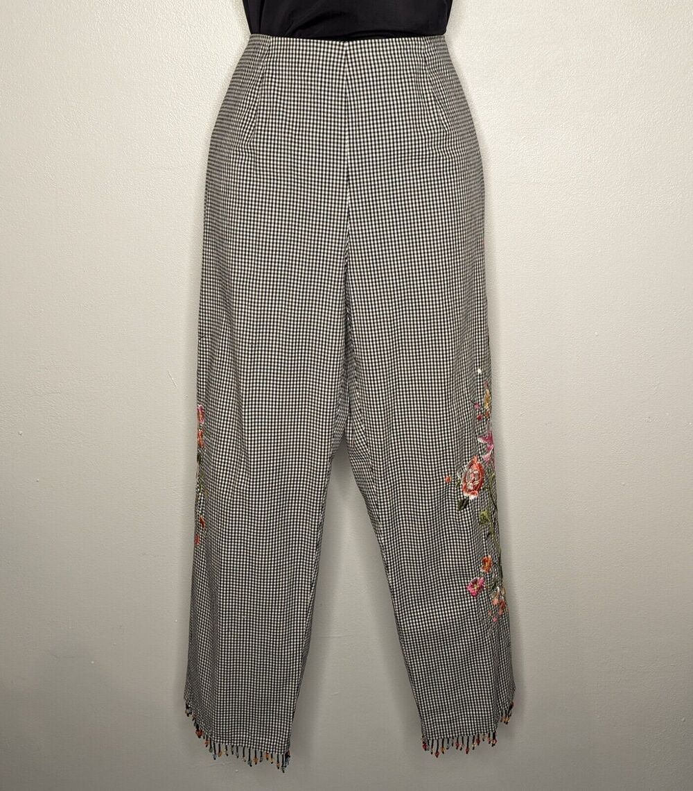 ALLISON TAYLOR Stretch SZ 6 Black & White Checked EMBROIDERED FLORAL Ankle PANTS